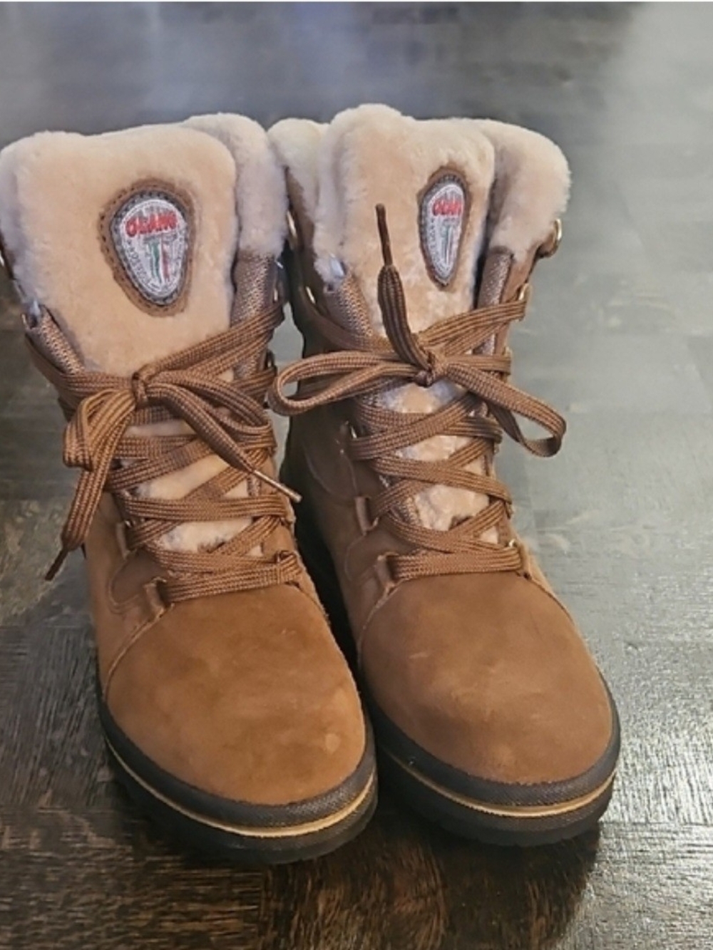 Women's Tan Suede Lace-Up Ankle Boots with Virgin Wool Shearling